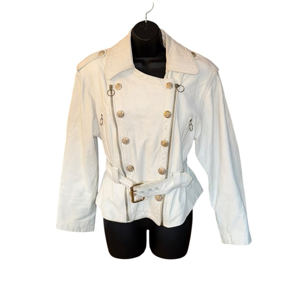 VINTAGE Erez Levy Double-Breasted White Leather Moto Jacket with Gold Detailing